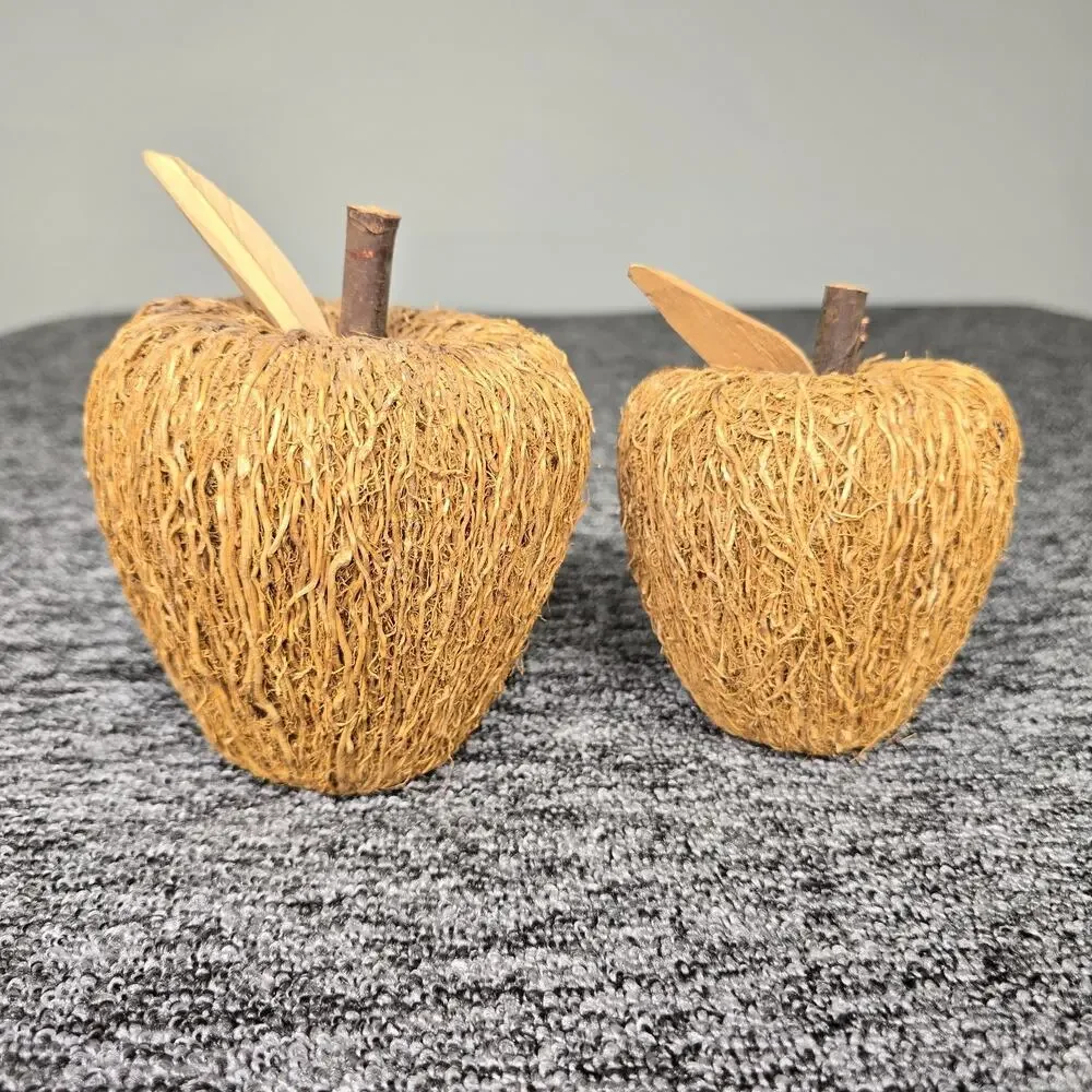 2 Rustic Decorative Apple Figurines Crafted Woven Natural Fibers & Twig Stem